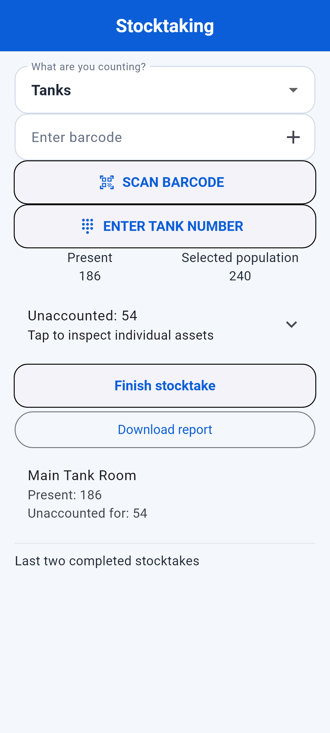 TRGS stocktaking screen showing a fictional count of 186 from 240