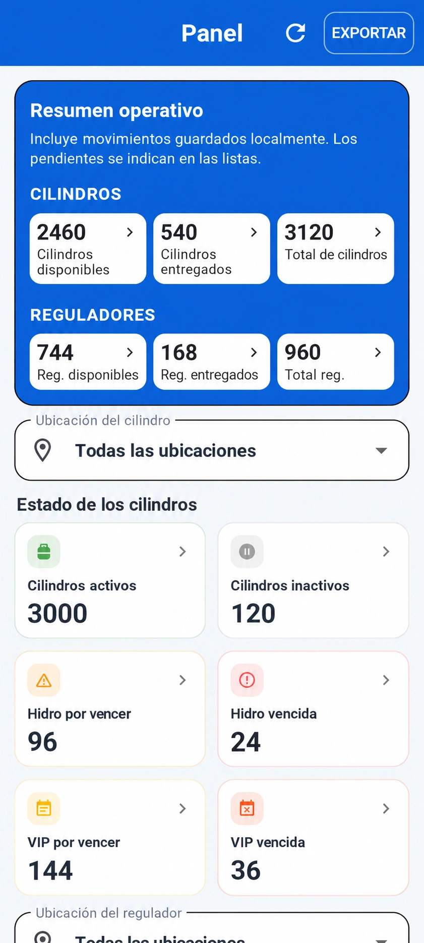 Vista previa traducida: Panel de TRGS con cantidades ficticias de cilindros y reguladores como ejemplo
