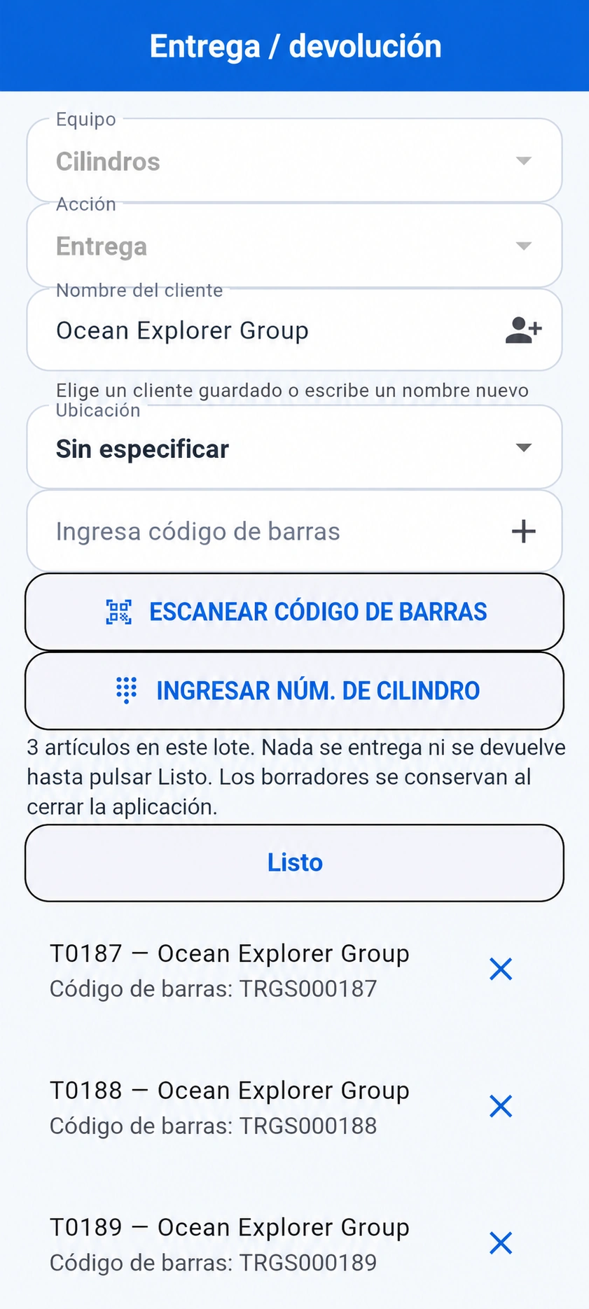 Vista previa traducida: Borrador real de entrega de TRGS para teléfono con T0187, T0188 y T0189 para el grupo ficticio Ocean Explorer Group