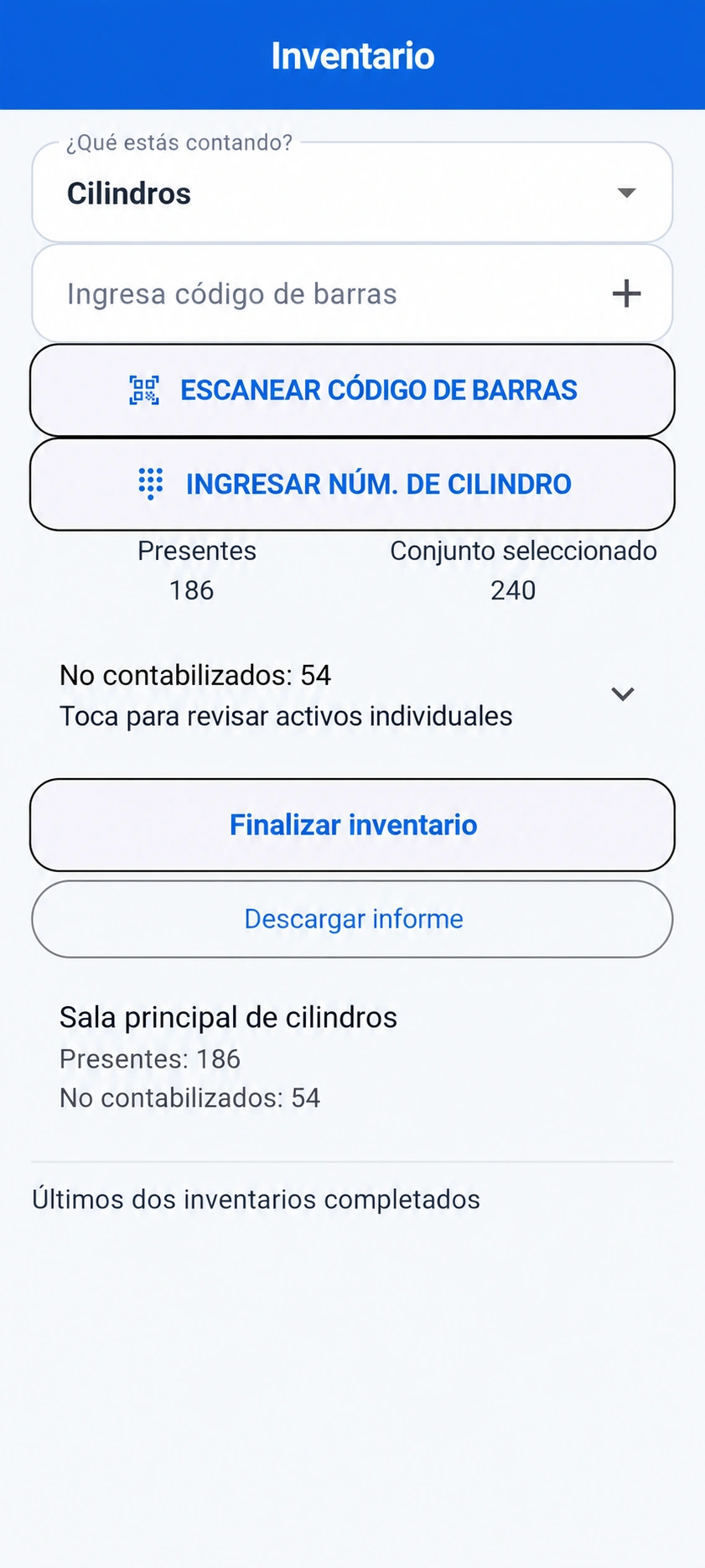 Vista previa traducida: Pantalla de inventario de TRGS con un conteo ficticio de 186 de 240