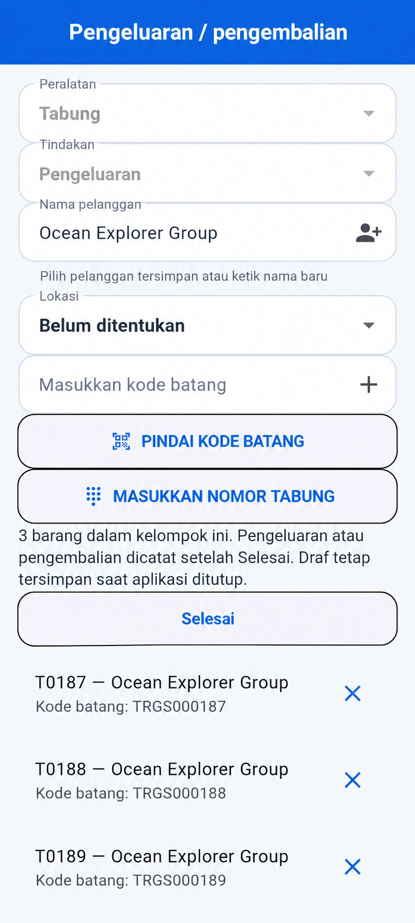 Pratinjau terjemahan: Draf pengeluaran TRGS sebenarnya pada ponsel dengan T0187, T0188, dan T0189 untuk Ocean Explorer Group fiktif