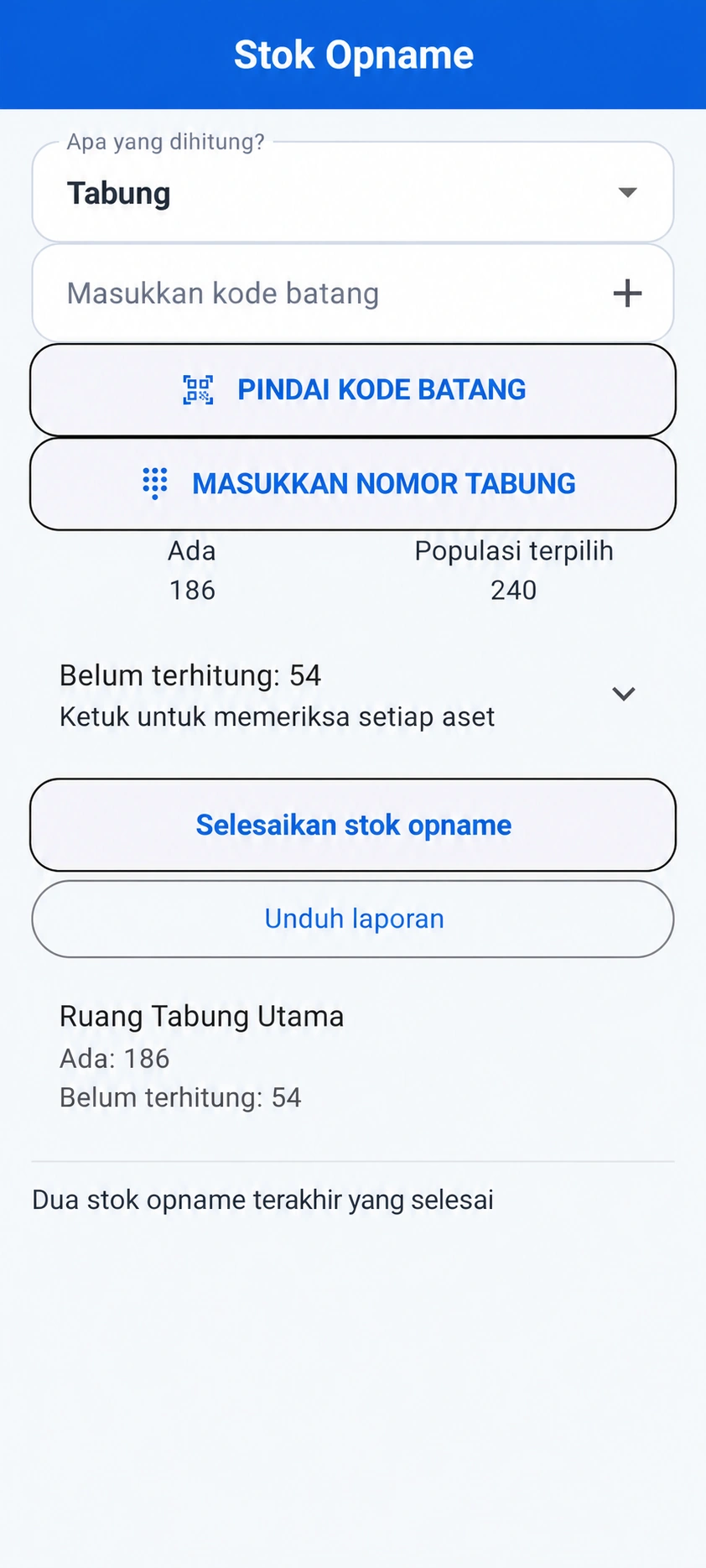 Pratinjau terjemahan: Layar stok opname TRGS menampilkan hitungan fiktif 186 dari 240
