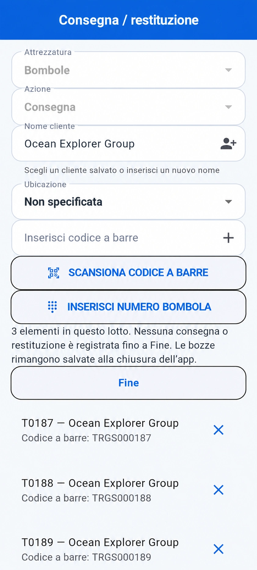 Anteprima tradotta: Bozza reale di consegna TRGS su telefono con T0187, T0188 e T0189 per il gruppo fittizio Ocean Explorer Group