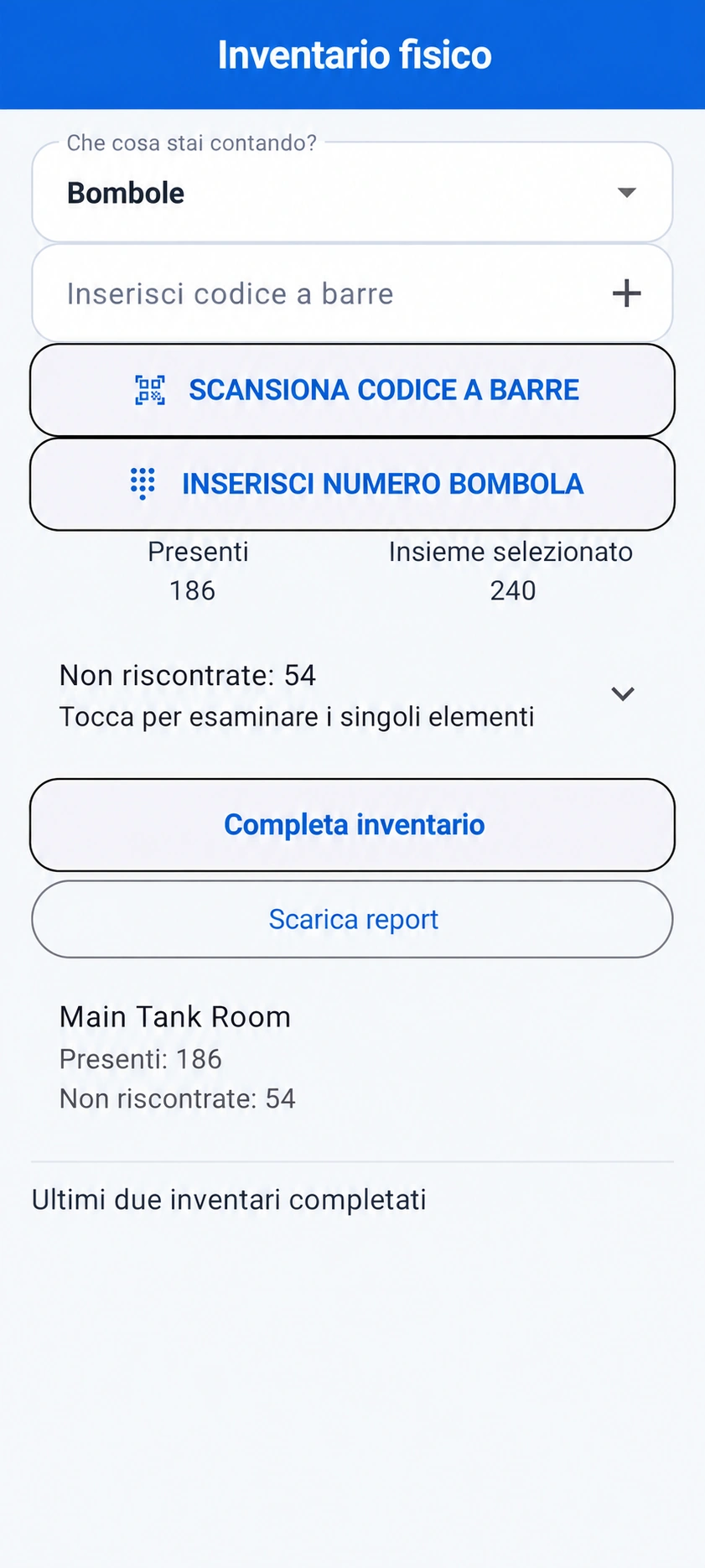 Anteprima tradotta: Schermata di inventario TRGS con un conteggio fittizio di 186 su 240