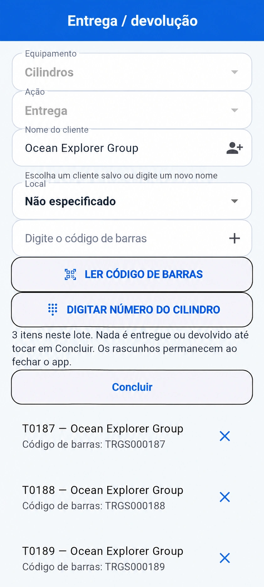 Prévia traduzida: Rascunho real de entrega no TRGS para celular com T0187, T0188 e T0189 para o grupo fictício Ocean Explorer Group