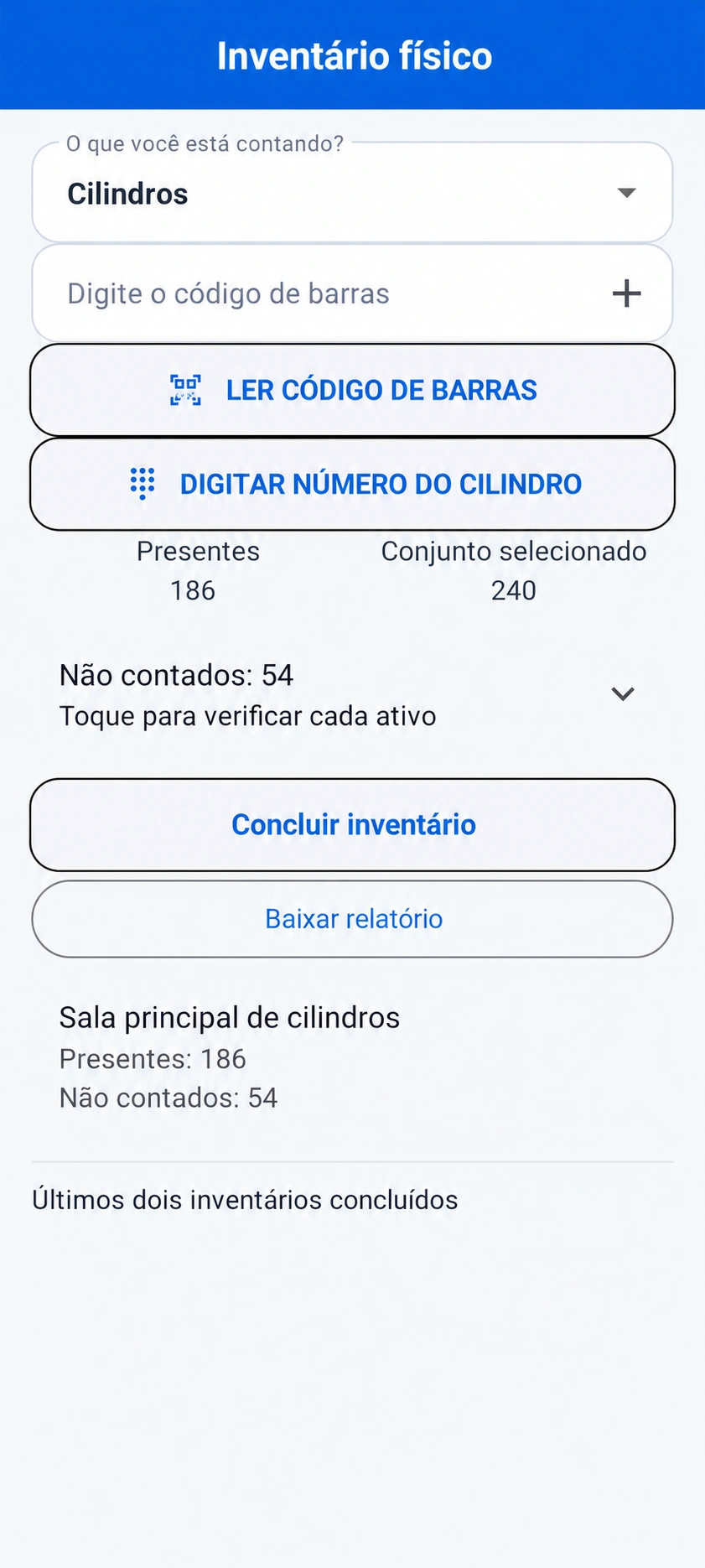 Prévia traduzida: Tela de inventário físico do TRGS mostrando uma contagem fictícia de 186 de um total de 240